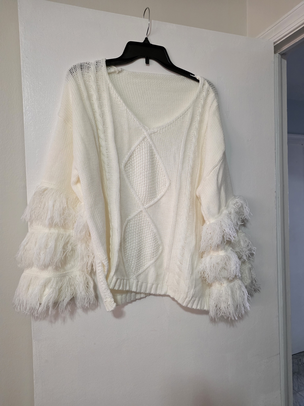 Cream Fringe Trim V-Neck Knit Sweater